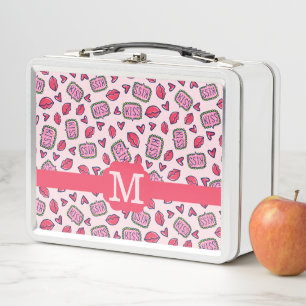 Cute Lips Kisses & Heart Doodles Pattern Monogram Metal Lunch Box