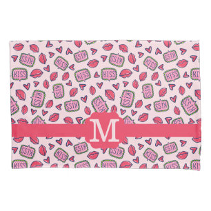 Cute Lips Kisses & Heart Doodles Pattern Monogram Pillowcase