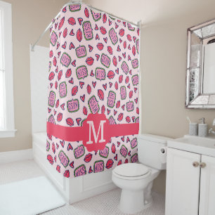 Cute Lips Kisses & Heart Doodles Pattern Monogram Shower Curtain