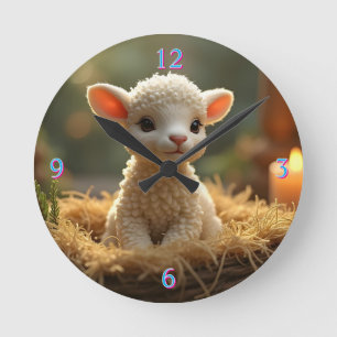 CUTE LITTE LAMB IN THE MANGER ROUND CLOCK