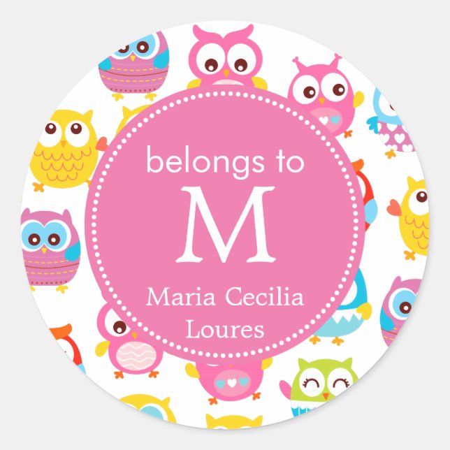 Cute Litte Owls Monogrammed Classic Round Sticker (Front)