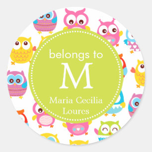 Cute Litte Owls Monogrammed Classic Round Sticker