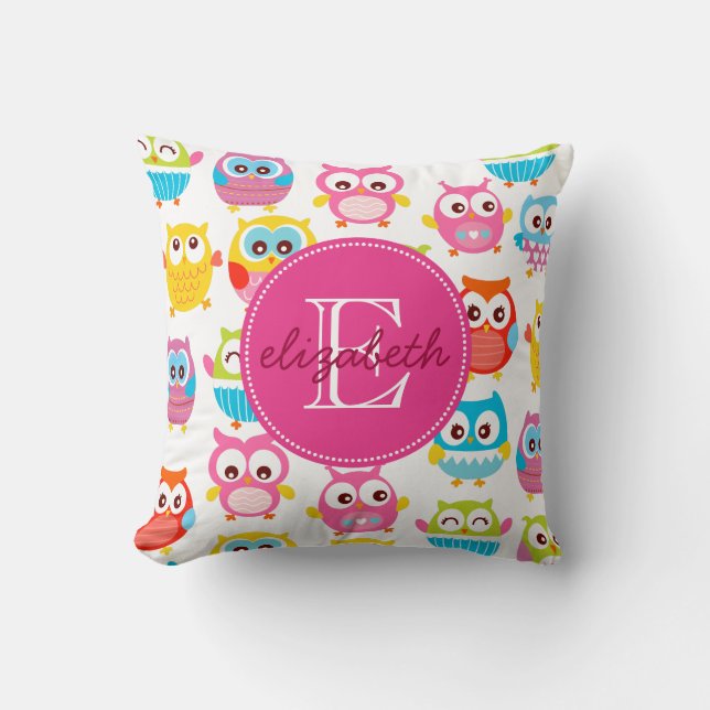 Cute Litte Owls Monogrammed Cushion (Front)
