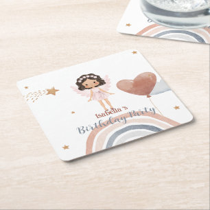 Cute Little angel afro girls Balloon Birthday Square Paper Coaster