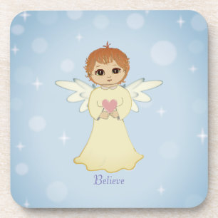 Cute Little Angel & Calligraphy on Light Blue Coaster