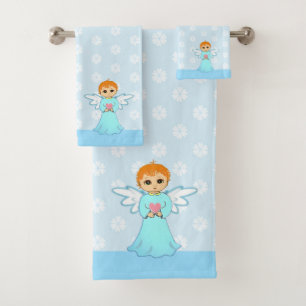 Cute Little Angel & Flower Pattern on Light Blue Bath Towel Set