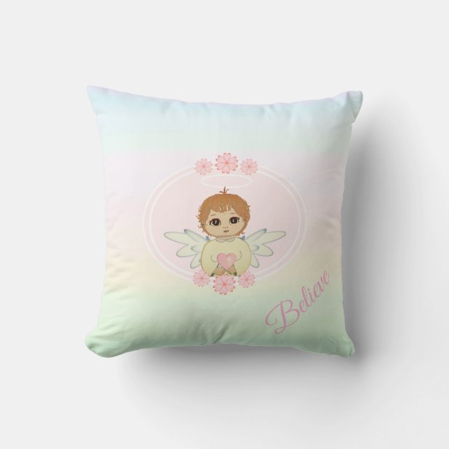 Cute Little Angel & Heart Flowers on Pastel Shades Cushion (Front)