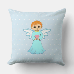Cute little angel in turquoise holding a heart cushion
