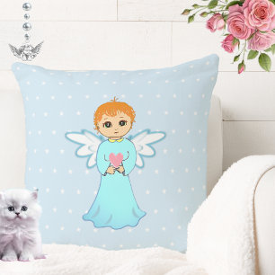 Cute little angel in turquoise holding a heart cushion