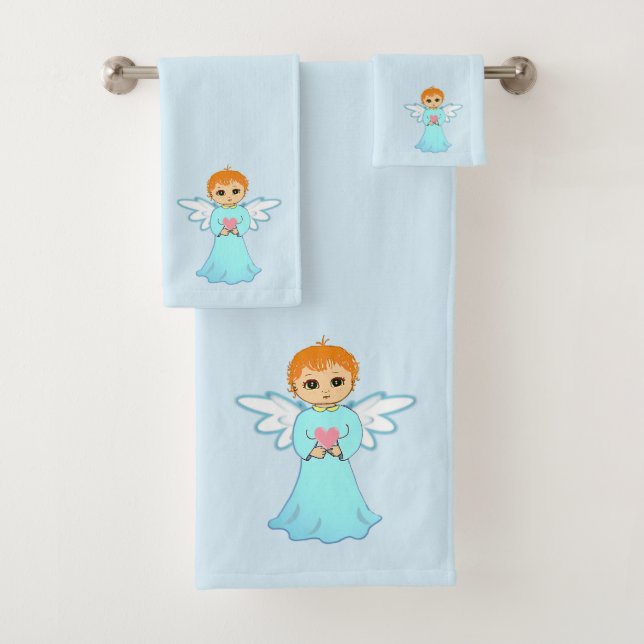 Cute Little Angel on Light Blue Bath Towel Set (Insitu)