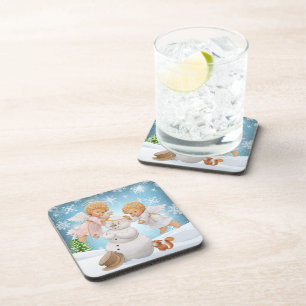 Cute Little Angels And Snowman Beverage Coaster