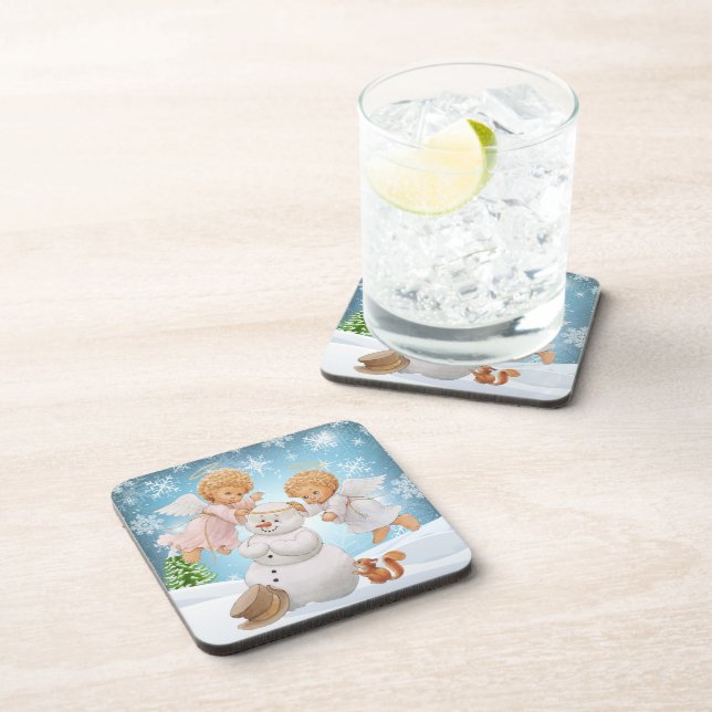Cute Little Angels And Snowman Beverage Coaster (Right Side)