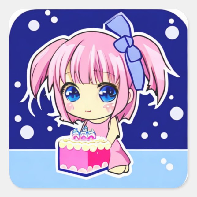 Cute Little Anime Girl with Birthday Cake Square Sticker (Front)