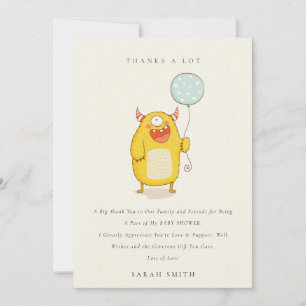 Cute Little Aqua Yellow Happy Monster Baby Shower Thank You Card
