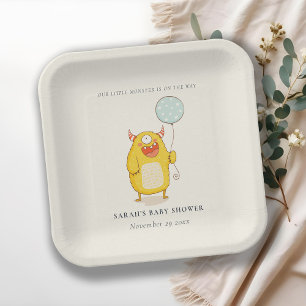 Cute Little Aqua Yellow Monster Baby Shower Invite Paper Plate