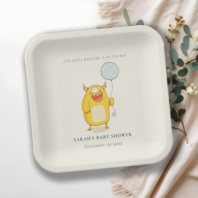 Cute Little Aqua Yellow Monster Baby Shower Invite Paper Plate (Creator Uploaded)