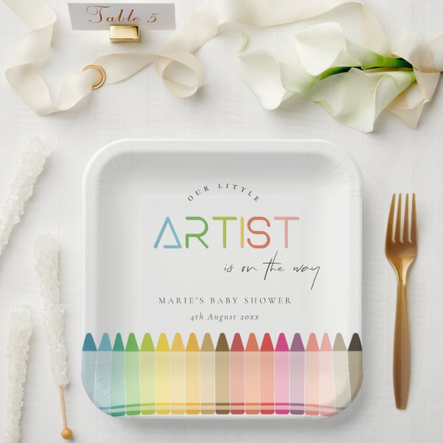 Cute Little Artist Crayon Fun Rainbow Baby Shower Paper Plate (Wedding)