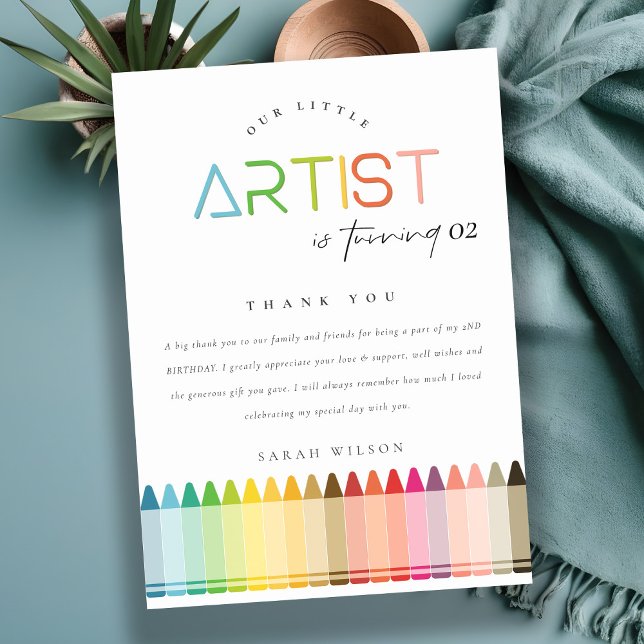 Cute Little Artist Crayon Rainbow Any Age Birthday Thank You Card (Creator Uploaded)