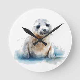 Cute little baby seal in white and blue round clock