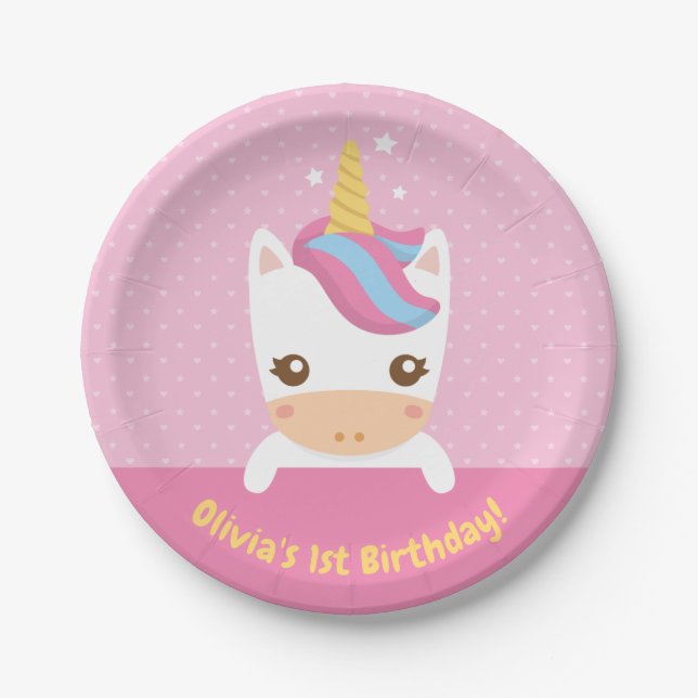 Cute Little Baby Unicorn 1st Birthday Party Plates (Front)