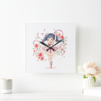 Cute little ballerina girl square wall clock