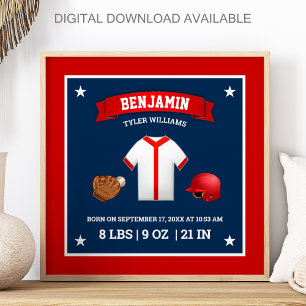 Cute Little Baseball Player Baby Boy Birth Stats Poster