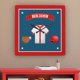 Cute Little Baseball Player Kids Room Square Wall Clock