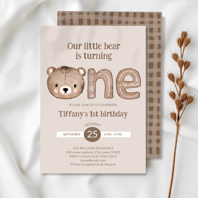 Cute Little Bear 1st Birthday Invitation – Neutral (Wild One minimalistic 1st Birthday Invitation | Neutral Baby Bear Party Invite)