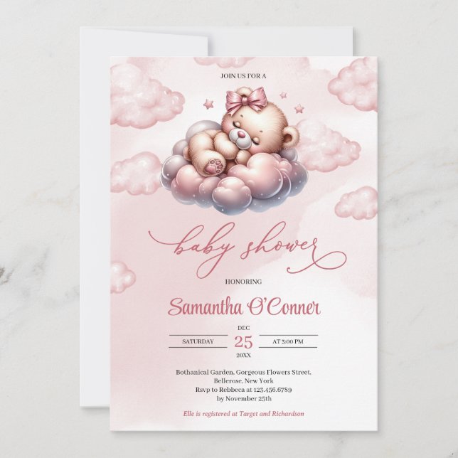 Cute little bear sleeping on a cloud Baby Shower Invitation (Front)