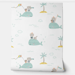 Cute Little Bears travelling on whale´s back white Wallpaper