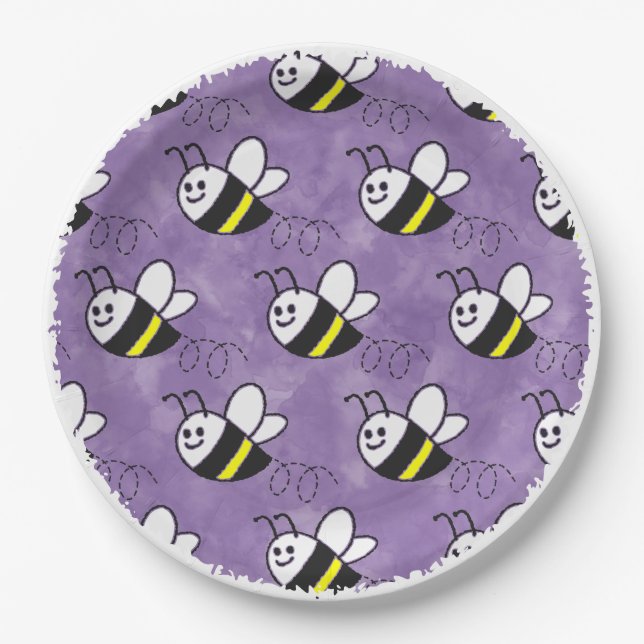 Cute Little Bee Pattern Watercolor Baby Shower Paper Plate (Front)