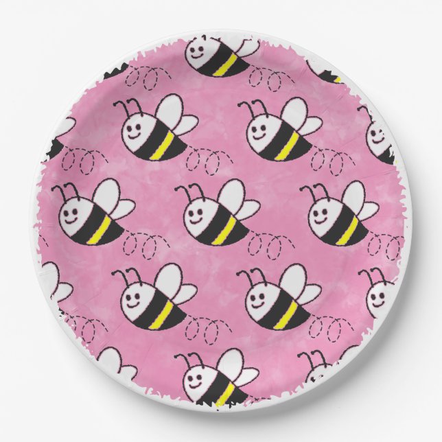 Cute Little Bee Pattern Watercolor Baby Shower Paper Plate (Front)