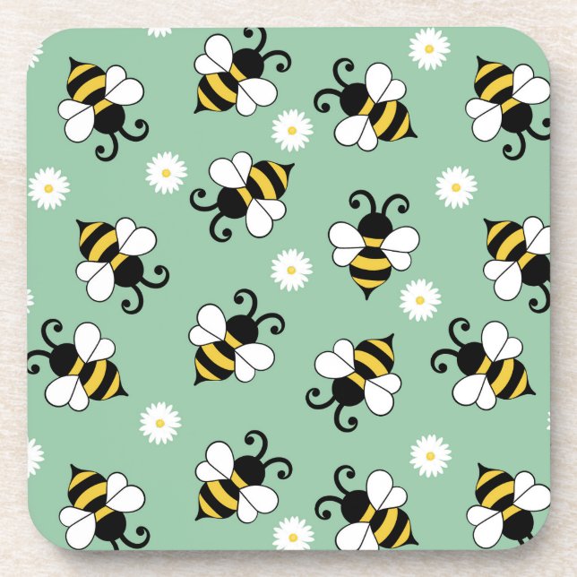 Cute little bees and daisy flowers pattern  coaster (Front)