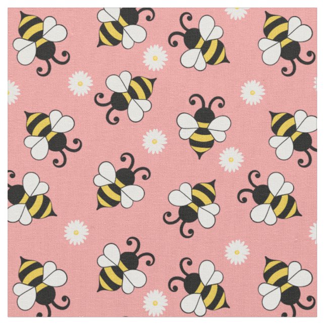 Cute little bees and daisy flowers pattern fabric (Close Up)