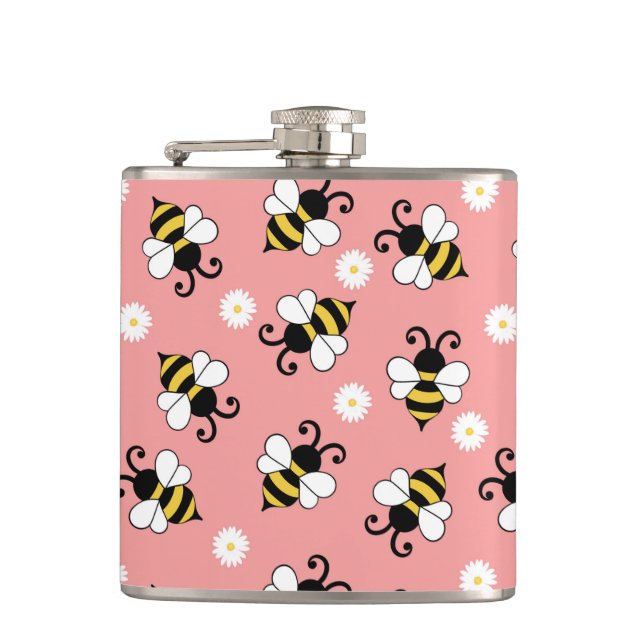 Cute little bees and daisy flowers pattern  hip flask (Front)