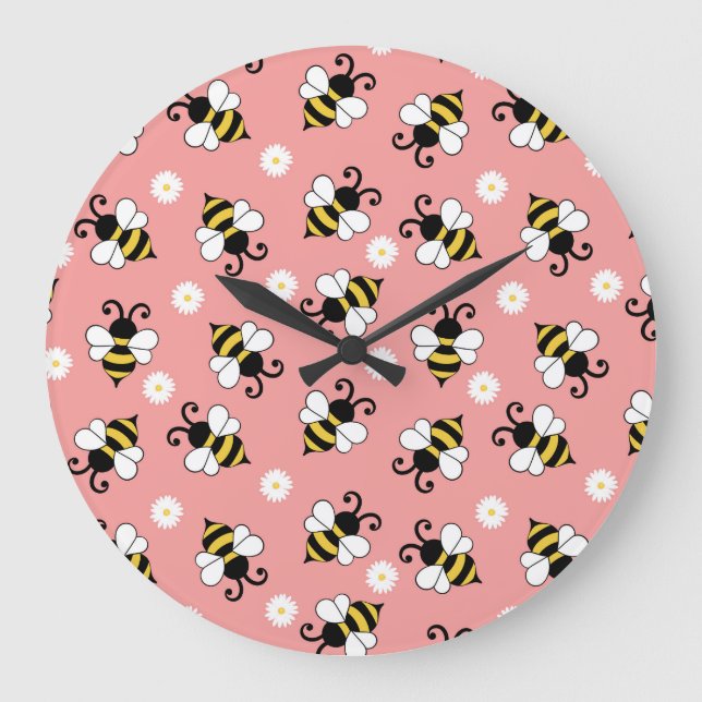 Cute little bees and daisy flowers pattern  large clock (Front)