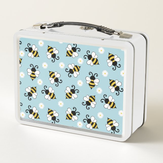 Cute little bees and daisy flowers pattern  metal lunch box (Back)