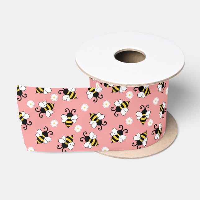 Cute little bees and daisy flowers pattern   satin ribbon (Spool)