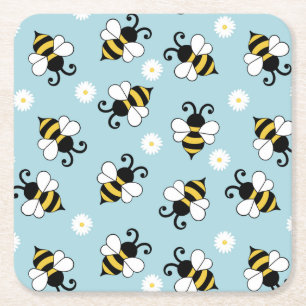 Cute little bees and daisy flowers pattern square paper coaster
