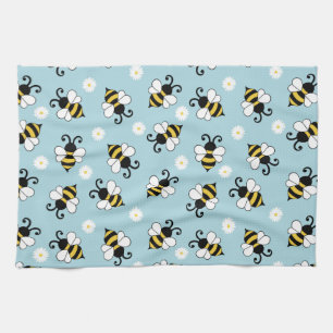 Cute little bees and daisy flowers pattern  tea towel