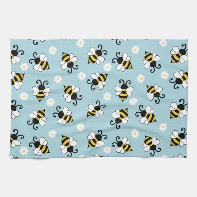 Cute little bees and daisy flowers pattern  tea towel (Horizontal)