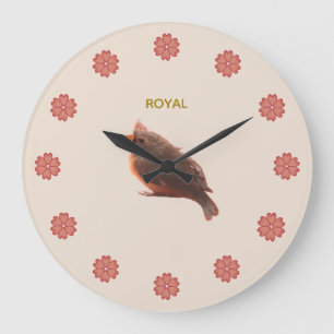 Cute Little Bird & Flowers on Beige Large Clock
