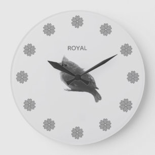Cute Little Bird & Flowers on Silver Gray Large Clock