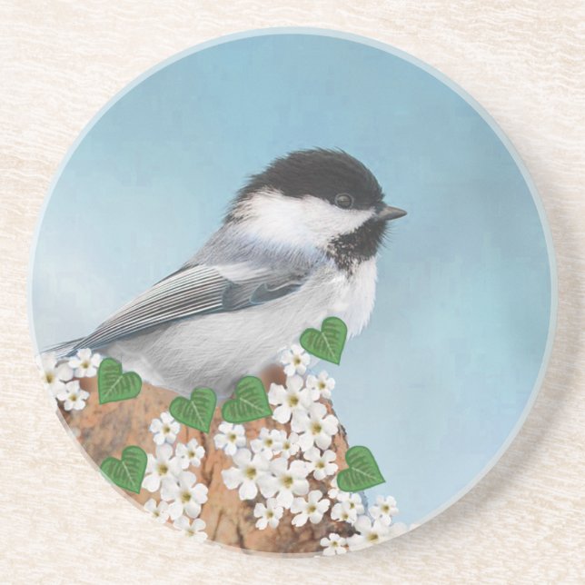 Cute little bird & flowers on sky blue coaster (Front)