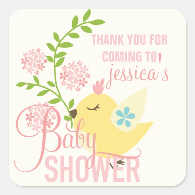 Cute Little Bird Flowers Spring Girl Baby Shower Square Sticker (Front)