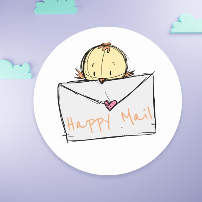 Cute little bird flying with a letter Happy Mail Classic Round Sticker (Cute little bird flying with a letter Happy Mail Classic Round Sticker)