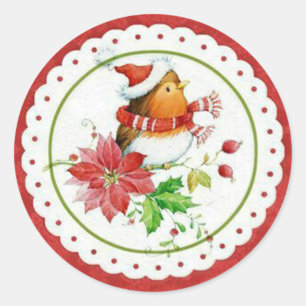 Cute Little Birdie Wearing Christmas Cap & Scarf Classic Round Sticker