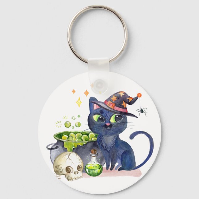 Cute little black witch cat with a cauldron  tote  key ring (Front)