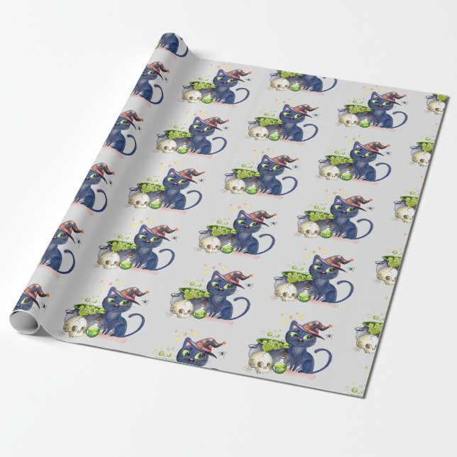Cute little black witch cat with a cauldron  wrapping paper (Unrolled)