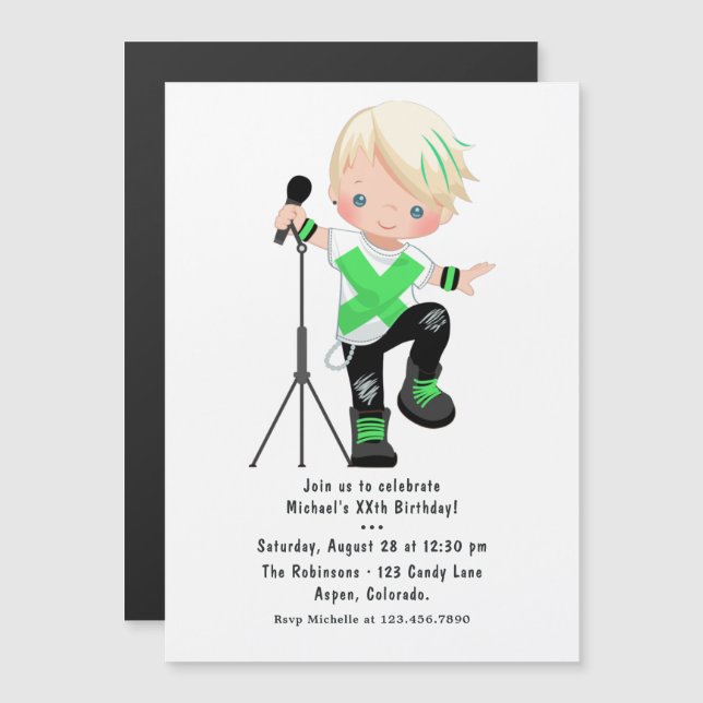 Cute Little Blonde Boy Rock Star Birthday Party Magnetic Invitation (Front/Back)